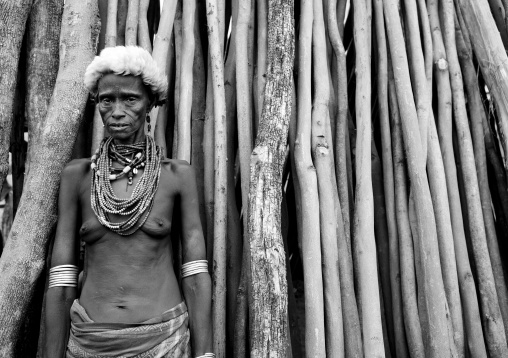 Senior Dassanech Woman Portrait  Posing In Front Of Wood Stick Fence Omorate Ethiopia