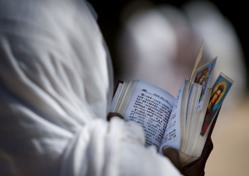 Rear view of an orthodox woman praying with a bible in church, Harar, Ethiopia