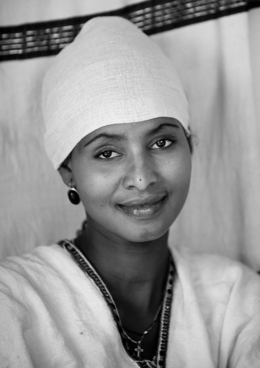 Black And White Portrait Of A Smiling Ethiopian Woman, Harar, Ethiopia