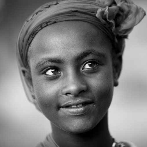 Black And White Portrait Of A Young Oromo Girl With Dreamy Expression, Dire Dawa, Ethiopia