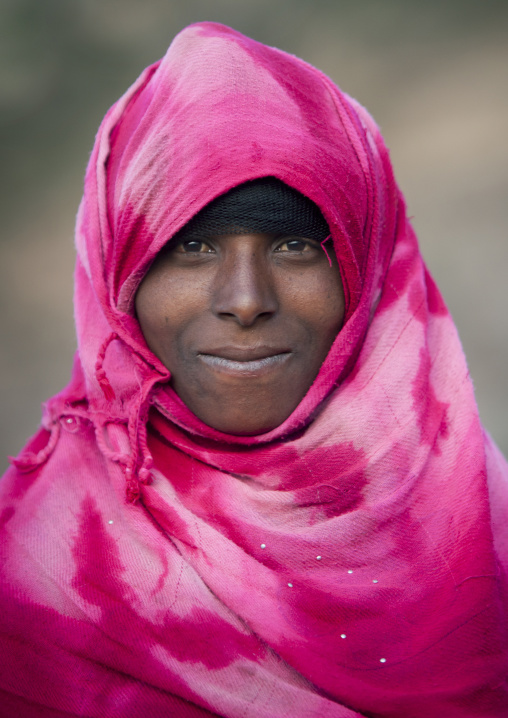 Portrait Of A Smiling Oromo Woman With Pink Headscarf, Dire Dawa, Ethiopia