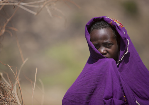 Karrayyu Tribe Kid Hiding Under A Purple Scarf, Metahara, Ethiopia