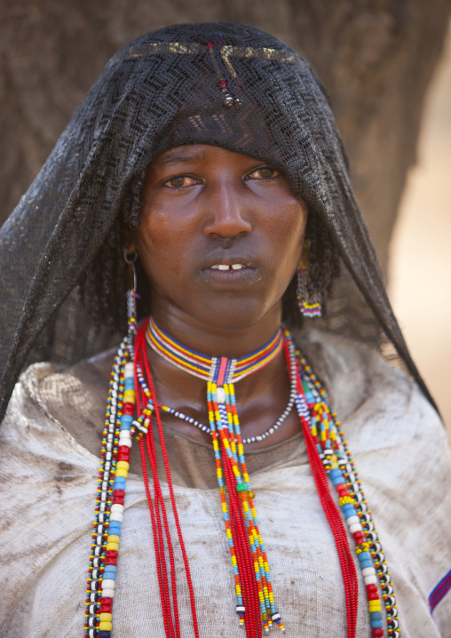 Karrayyu Tribe Woman With Black Headscarf And Colourful Necklaces, Metahara, Ethiopia