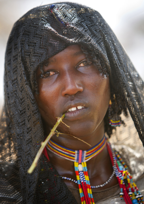 Karrayyu Tribe Woman With Black Headscarf And Colourful Necklaces, Metahara, Ethiopia