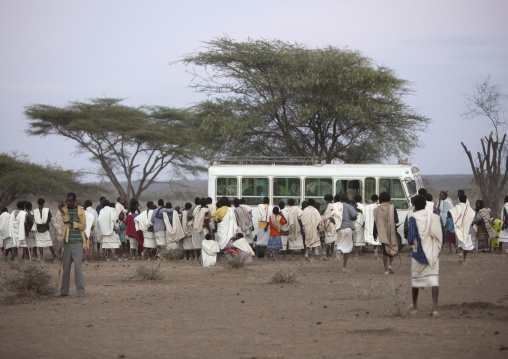 Large Group Of People Queueing To Take The Bus To Go Gadaaa Ceremony In Karrayyu Tribe, Metahara, Ethiopia