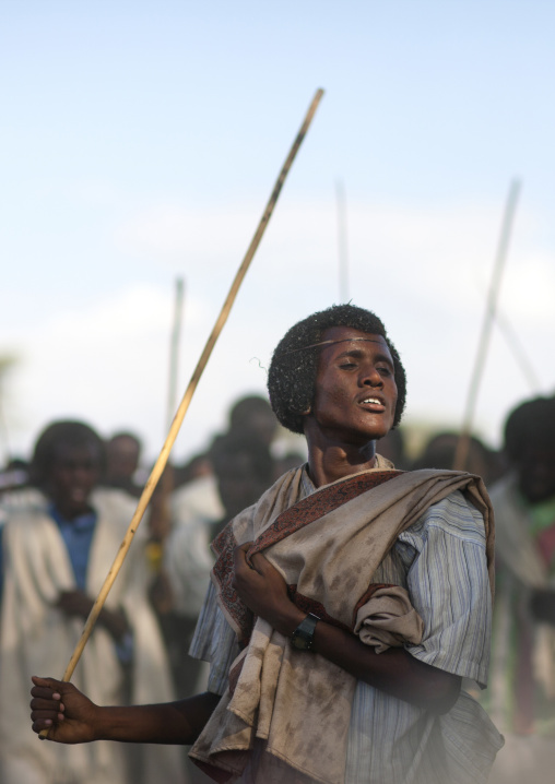 Karrayyu Tribe Man With Traditional Gunfura Hairstyle During Stick Fighting Dance, Gadaaa Ceremony, Metahara, Ethiopia