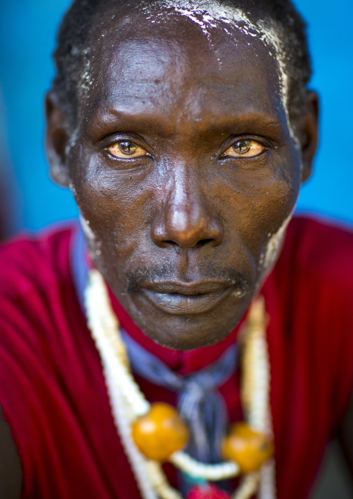 Man From Anuak Tribe In Traditional Clothing Wearing An Amber Necklace, Gambela, Ethiopia