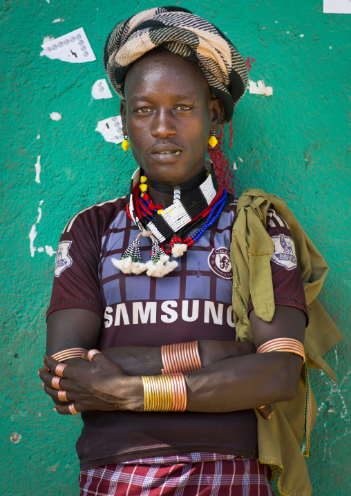 Hamer Tribe Man With A Chelsea Fc Shirt, Turmi, Omo Valley, Ethiopia