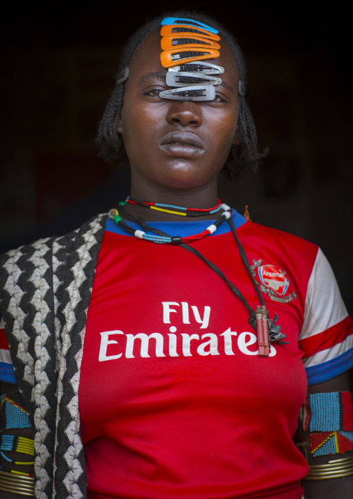 Hamer Tribe Woman With An Arsenal Football Shirt, Key Afer, Omo Valley, Ethiopia