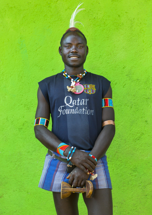 Hamer Tribe Man With A Barcelona Football Shirt, Key Afer, Omo Valley, Ethiopia