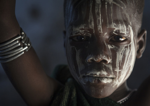 White Painted Face Of Young Mursi Boy, Hail Wuha Village, Ethiopia