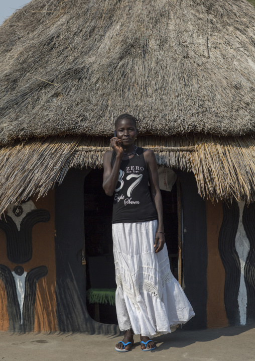 Nuer Tribe Woman Calling On A Mobile Phone, Gambela, Ethiopia