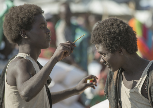 Afar Tribe Men Making Tradtional Hairstyle With Sticks, Assayta, Ethiopia