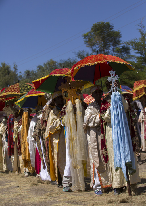 Ethiopian Orthodox Priest Procession Celebrating The Colorful Timkat Epiphany Festival, Lalibela, Ethiopia