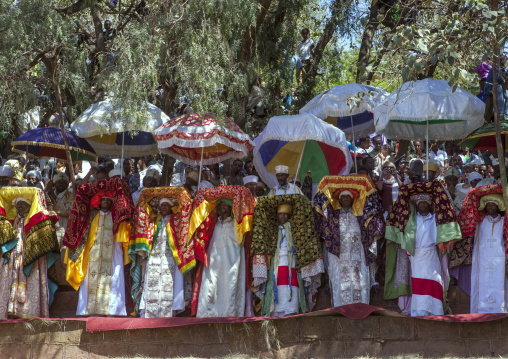 Priests Carrying Some Covered Tabots On Their Heads During Timkat Epiphany Festival, Lalibela, Ethiopia