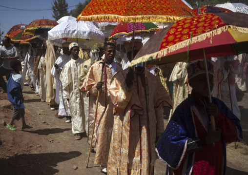 Ethiopian Orthodox Priest Procession Celebrating The Colorful Timkat Epiphany Festival, Lalibela, Ethiopia