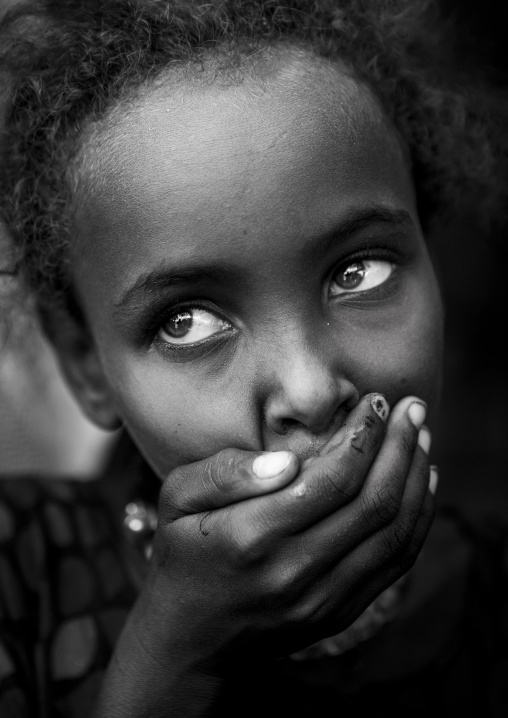 Afar Tribe Girl With Hand On Mouth, Assayta, Ethiopia