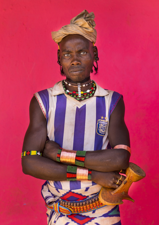 Hamer Tribe Man With An Argentina Football Shirt, Dimeka Market, Omo Valley, Ethiopia