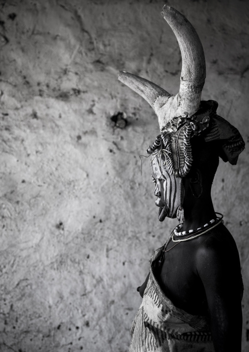 Mursi Tribe Woman With Cow Horns On Her Head, Hail Wuha Village, Ethiopia