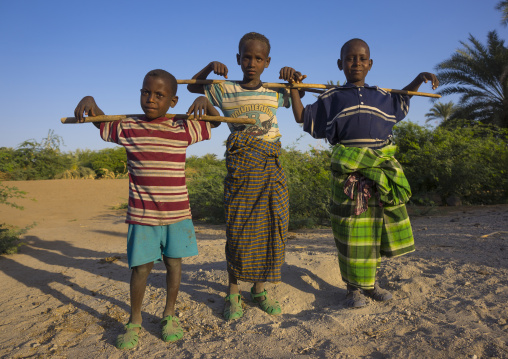Afar Tribe Boys With Arms On Sticks, Afambo, Afar Regional State, Ethiopia