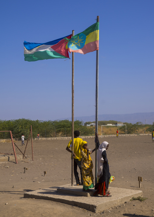 Afar And Ethiopian Flags In Kebir Tobolo School, Afambo, Afar Region, Ethiopia
