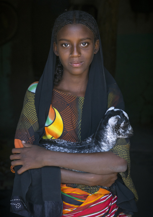 Fatouma Mahammed, Afar Girl Tribe With A Kid Goat, Afambo, Ethiopia