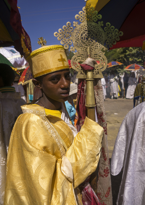 Ethiopian Orthodox Priest Holding A Cross During The Colorful Timkat Epiphany Festival, Lalibela, Ethiopia