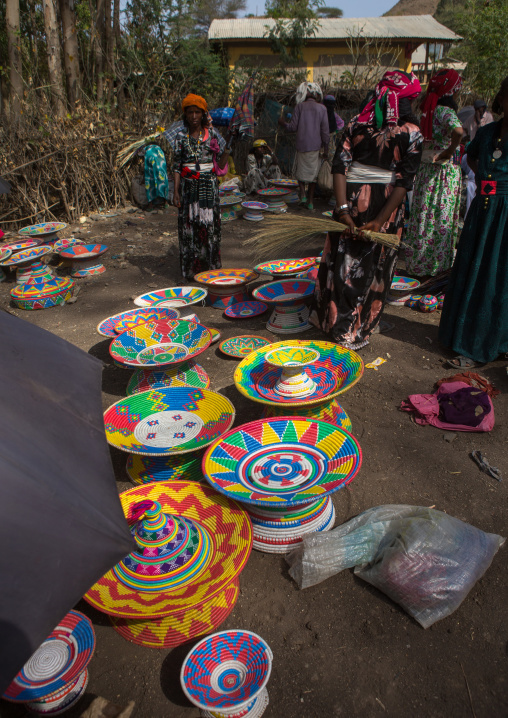 Ethiopia injera serving tables for sale in the market, Oromo, Sambate, Ethiopia