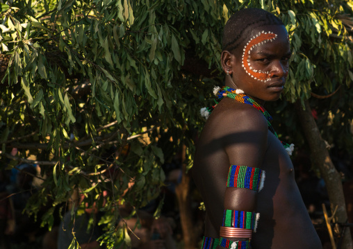 Hamer tribe whipper with a make up on the face during a bull jumping ceremony, Omo valley, Turmi, Ethiopia