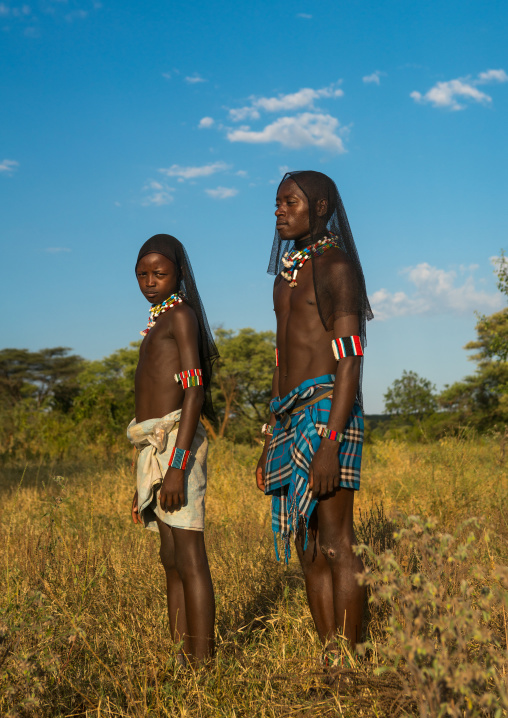 Hamer tribe whippers during a bull jumping ceremony, Omo valley, Turmi, Ethiopia