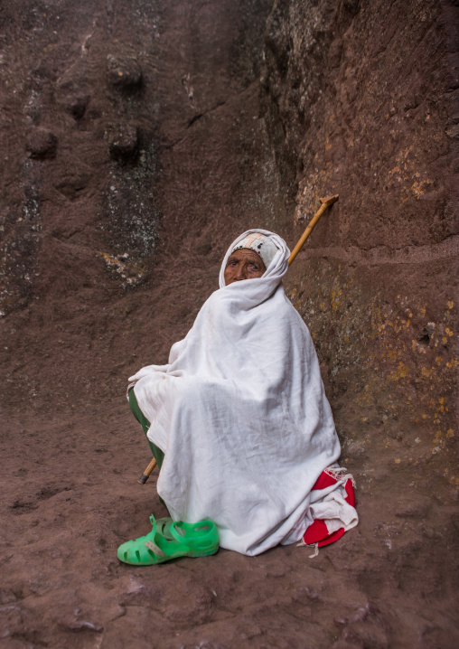 Pilgrim woman during kidane mehret orthodox celebration, Amhara region, Lalibela, Ethiopia