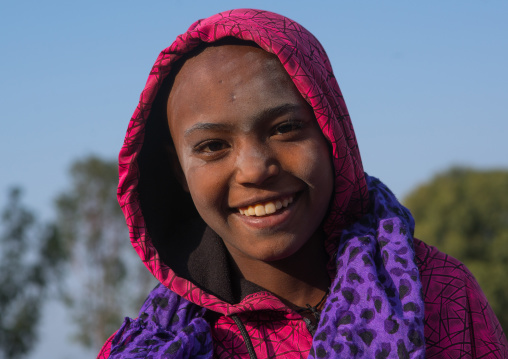 Pilgrim woman with a cross sign on the forehead during kidane mehret celebration, Amhara region, Lalibela, Ethiopia