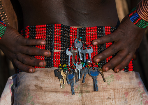 Keys on a beaded belt of a hamer tribe girl, Omo valley, Turmi, Ethiopia