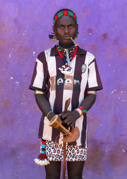Hamer tribe man with juventus football shirt, Omo valley, Turmi, Ethiopia