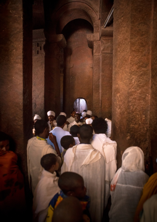 Pilgrims inside a rock church during kidane mehret orthodox celebration, Amhara region, Lalibela, Ethiopia