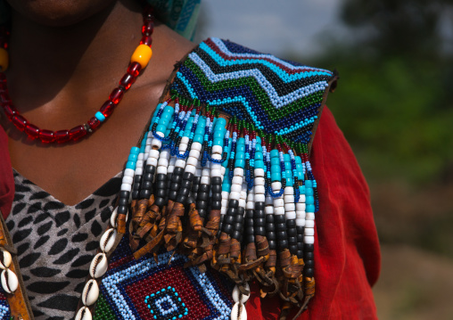 Raya tribe woman shoulder with a beaded baby carrier, Semien wollo zone, Woldia, Ethiopia