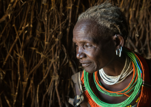 Toposa tribe woman with earrings, Omo valley, Kangate, Ethiopia