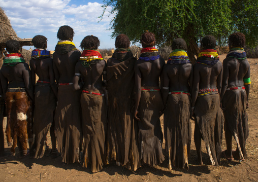 Nyangatom tribe women with huge necklaces in a line, Omo valley, Kangate, Ethiopia