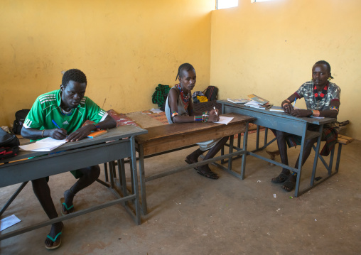 Hamer tribe teenage boys in classroom, Omo valley, Turmi, Ethiopia