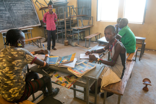 Hamer tribe teenage boys in classroom with their teacher, Omo valley, Turmi, Ethiopia