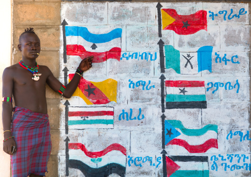 Hamer tribe teenager in a school in front of a painted wall with the regions flags of ethiopa, Omo valley, Turmi, Ethiopia