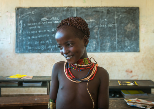 Hamer tribe girl in classroom, Omo valley, Turmi, Ethiopia