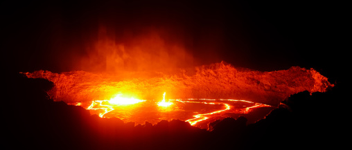 Panorama of the the living lava lake in the crater of erta ale volcano, Afar region, Erta ale, Ethiopia