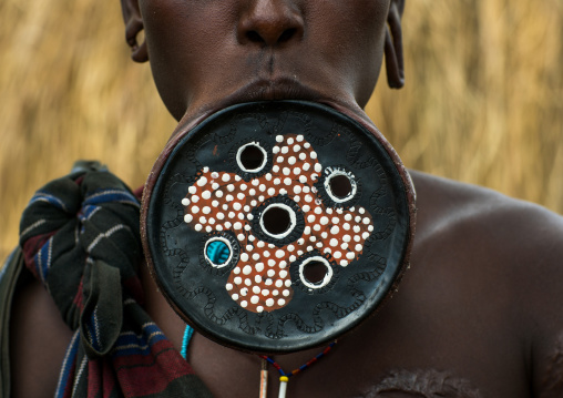 A mursi tribeswoman wearing a traditional lip-plate, Omo valley, Mago park, Ethiopia