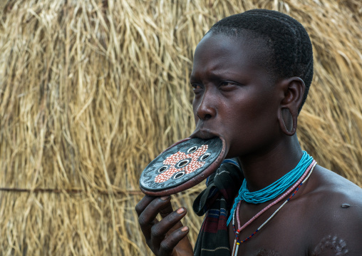 A mursi tribeswoman wearing a traditional lip-plate, Omo valley, Mago park, Ethiopia