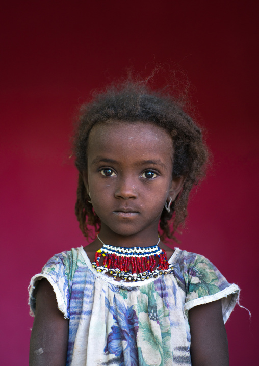 Portrait of an afar tribe girl with a beaded necklace, Afar region, Semera, Ethiopia