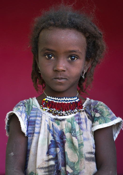 Portrait of an afar tribe girl with a beaded necklace, Afar region, Semera, Ethiopia