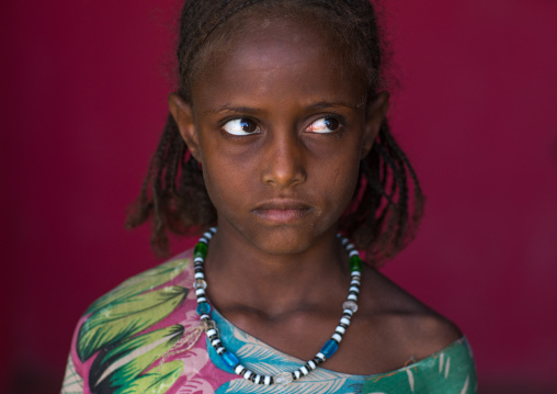 Portrait of an afar tribe girl on a red background, Afar region, Semera, Ethiopia
