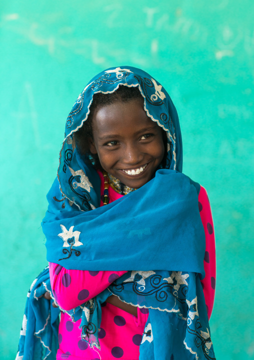 Portrait of a smiling afar tribe girl, Afar region, Semera, Ethiopia