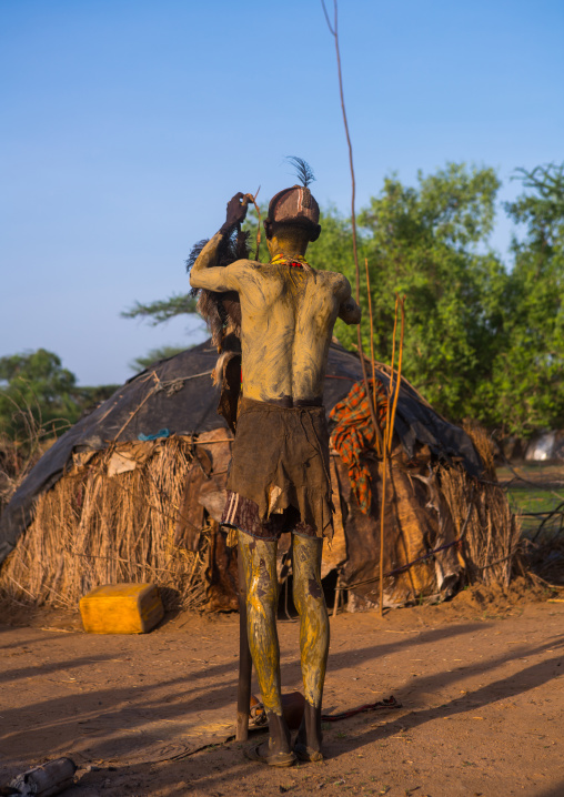 Dassanech man dressing with a leopard skin for dimi ceremony to celebrate circumcision of the teenagers, Omo valley, Omorate, Ethiopia
